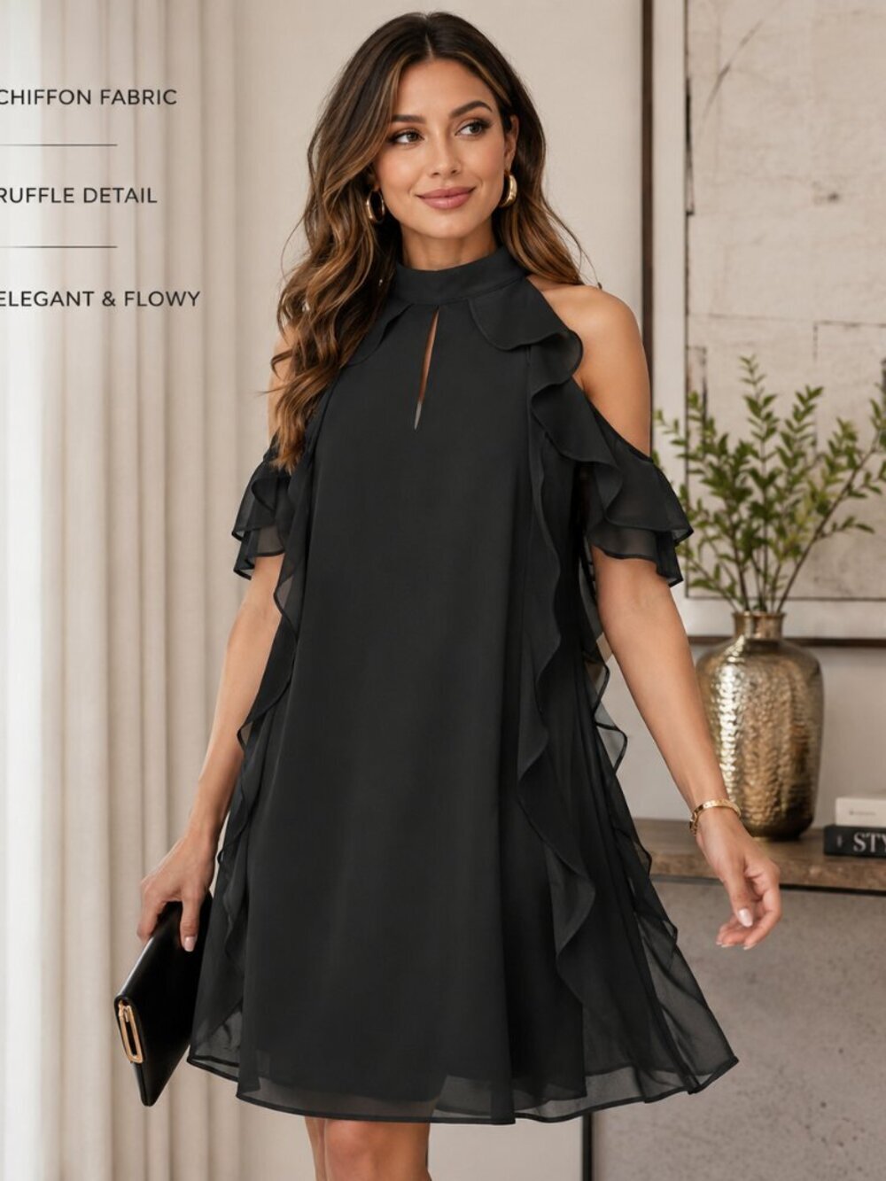 BCBGeneration XS Black Open Shoulder Ruffle Chiffon Cocktail Party Dress